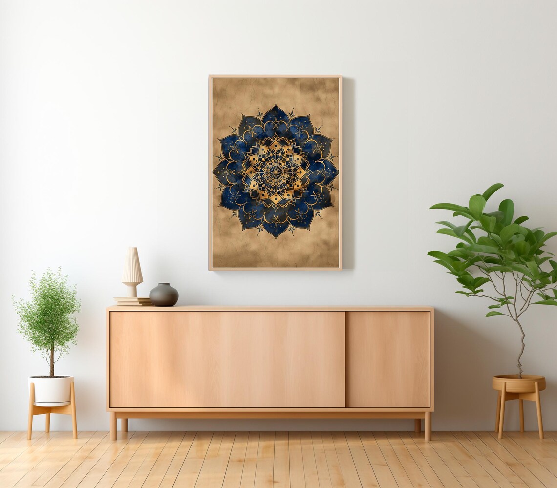 Midnight Blue And Gold Geometric Mandala Medallion Art Poster - Image 2