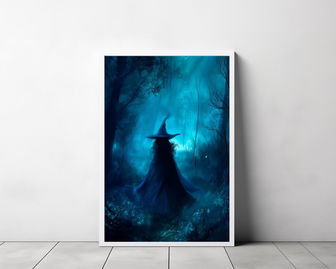 Witch Silhouette in Moonlit Forest Vintage Halloween Painting Poster - Image 3