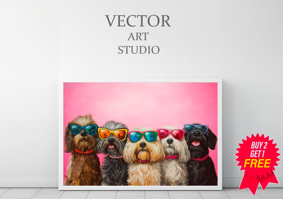 Five Cute Dogs in Sunglasses on Pink Background Funny Pet Poster - Image 3
