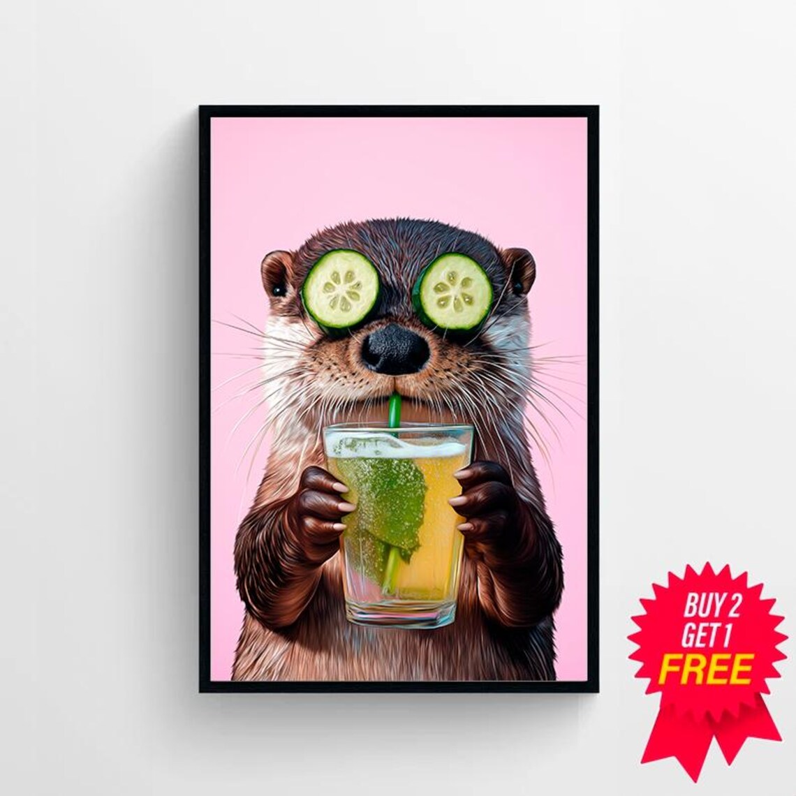 Otter with Cucumber Spa Eyes Drinking a Cocktail Pink Funny Animal Poster - Image 4