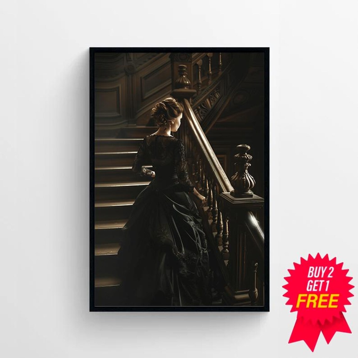 Victorian Lady In Black Gown Climbing Grand Staircase Dark Academia Poster - Image 4