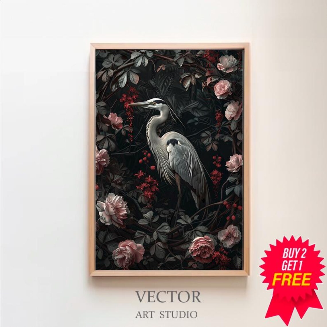 Grey Heron Standing Among Pink Roses in a Dark Botanical Garden Poster