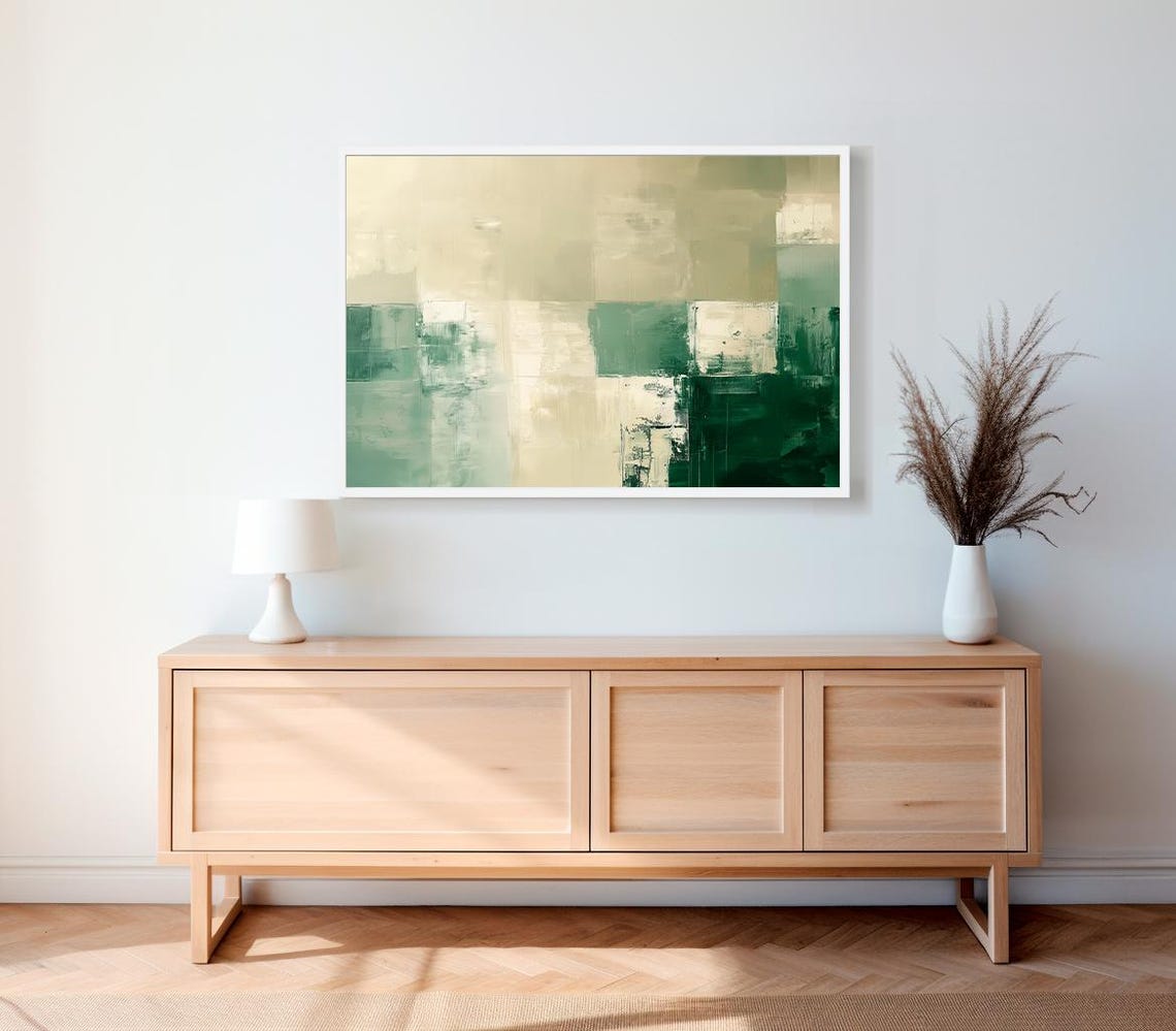 Rustic Green Abstract Winter Frame Tv Art Beige Contemporary Tv Art Geometric Minimalist Modern Oil Painting - Image 2