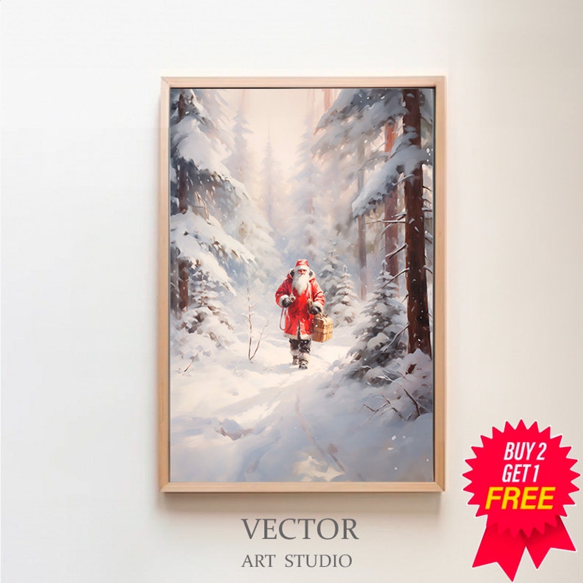 Santa Claus Walking Through a Snowy Pine Forest at Dusk Poster