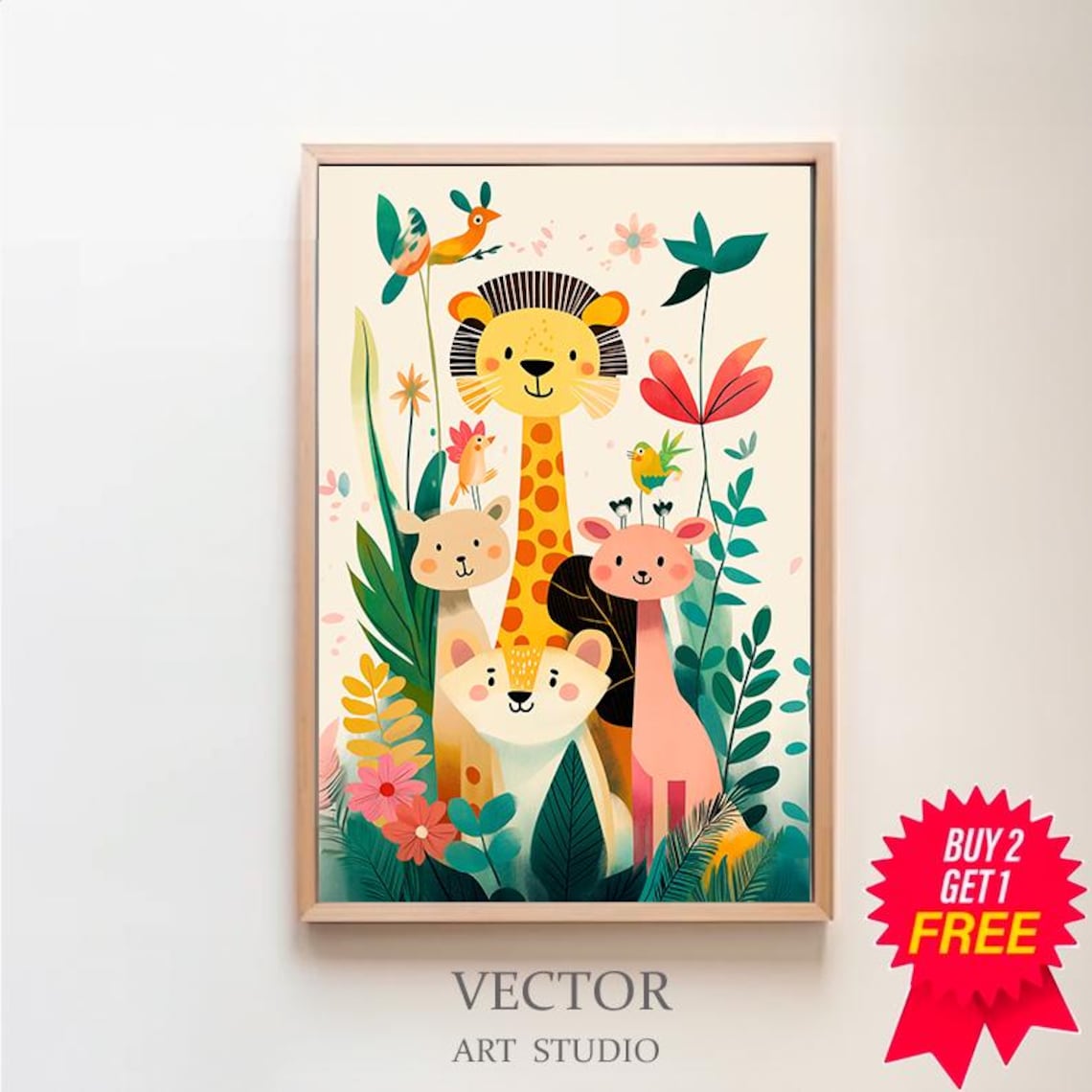 Happy Safari Animals Lion Giraffe Blooms Kids Nursery Decor Poster