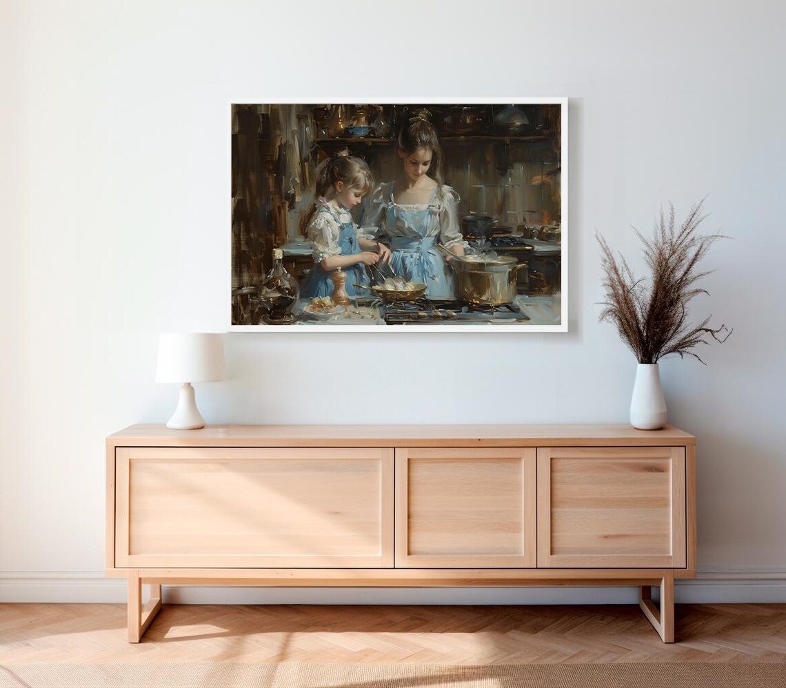 Mother And Daughter Cooking Vintage Rustic Kitchen Oil Painting Poster - Image 2