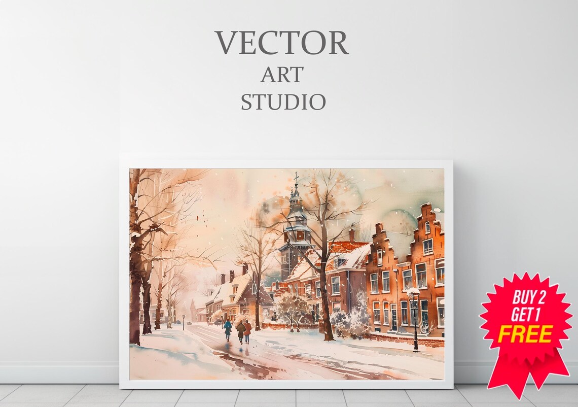 Snowy Dutch Style Village Winter Street Watercolor Painting Poster - Image 3