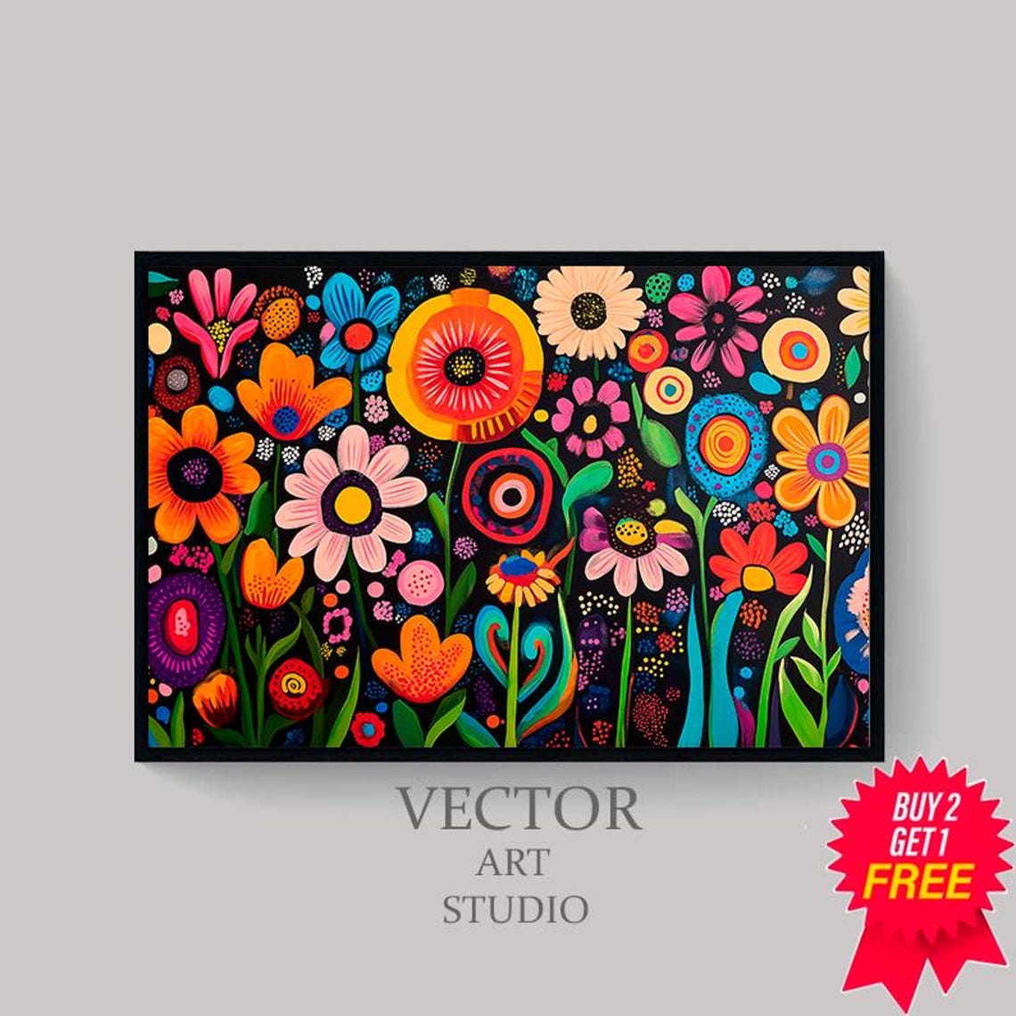 Vibrant Folk Art Flowers Bursting on a Black Background Poster - Image 4