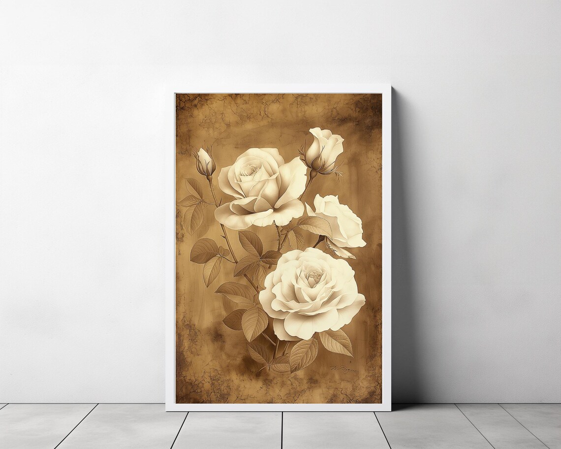 Antique Ivory Rose Bouquet Sepia Floral Botanical Vintage Poster - Image 3