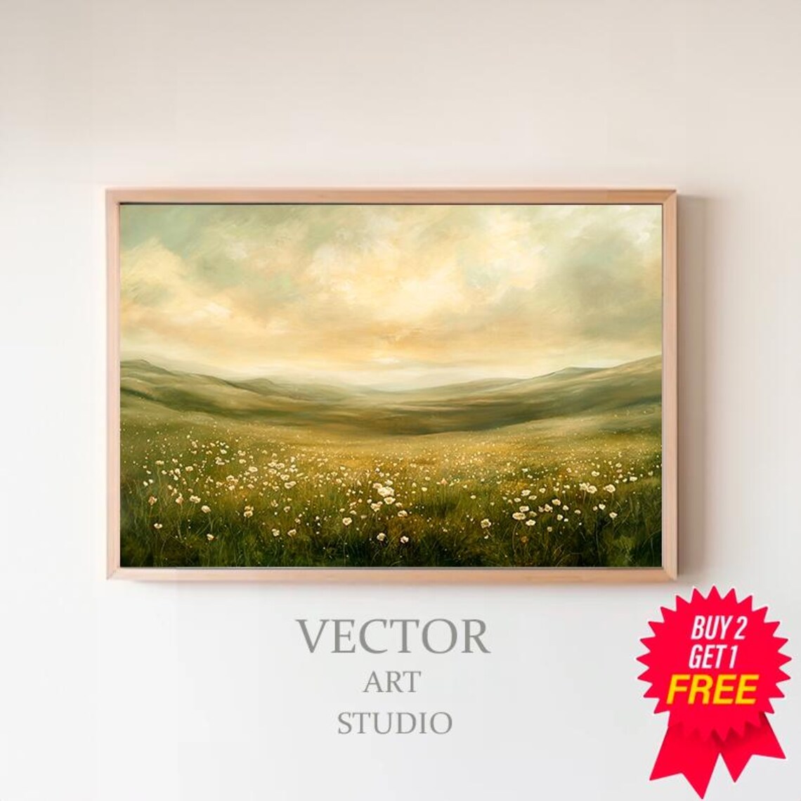 Golden Hour Wildflower Meadow with Rolling Hills Oil Painting Poster