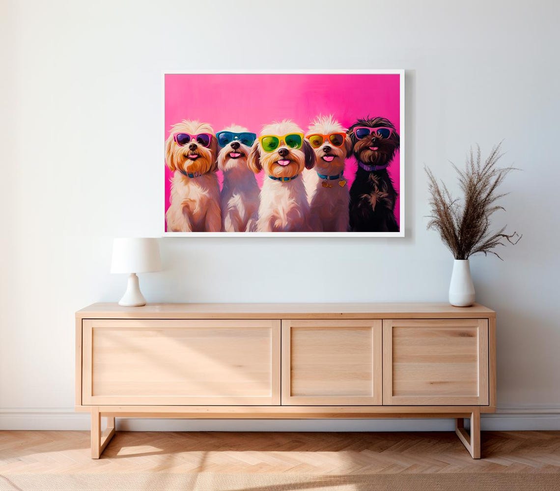 Dopamine Summer Frame Tv Art Cute Dogs In Sunglasses Maximalist Oil Painting Bright Pastel Preppy Pink Tv Funny Pet Colorful Picture - Image 2