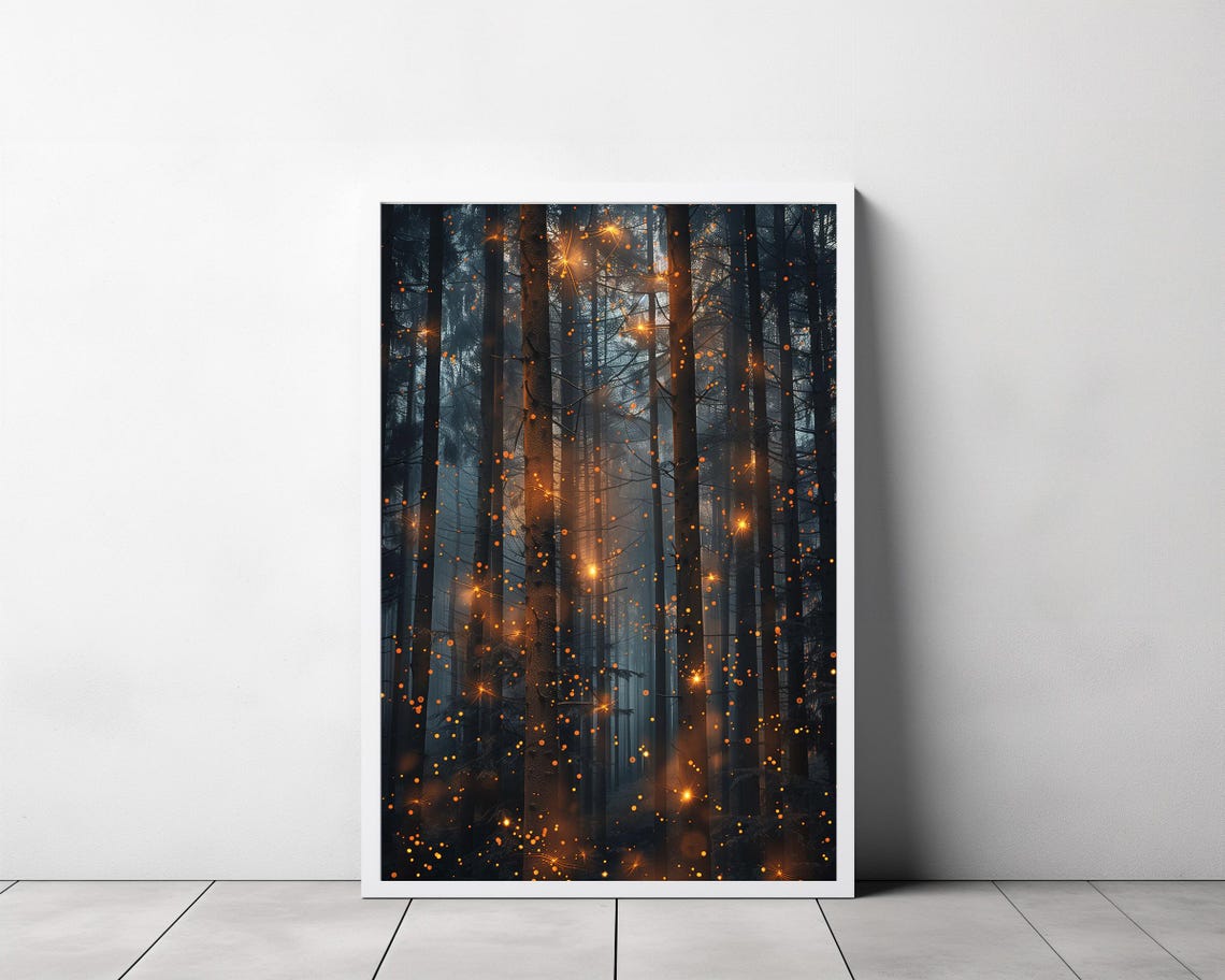 Magic Forest Wall Art Fantasy Painting Fireflies Poster Lightning Bug Electric Forest - Image 3