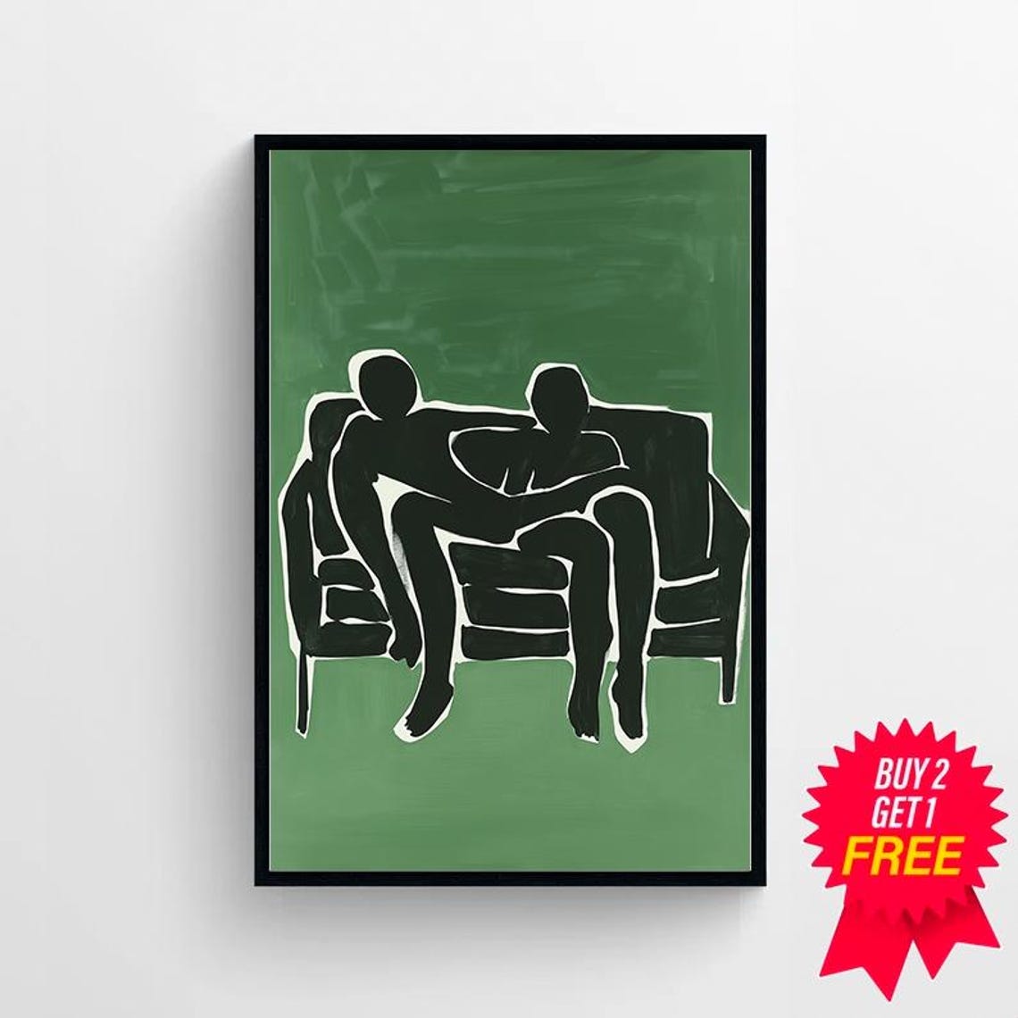Abstract Embrace of Two Black Figures on a Green Couch Poster - Image 4