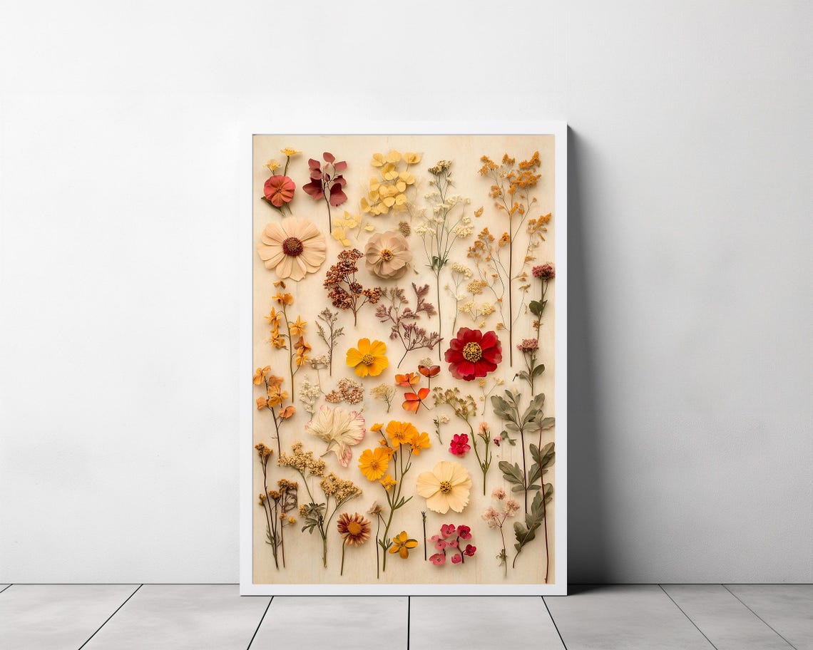 Pressed Wildflowers Arranged in Warm Autumn Tones Botanical Wall Art - Image 3