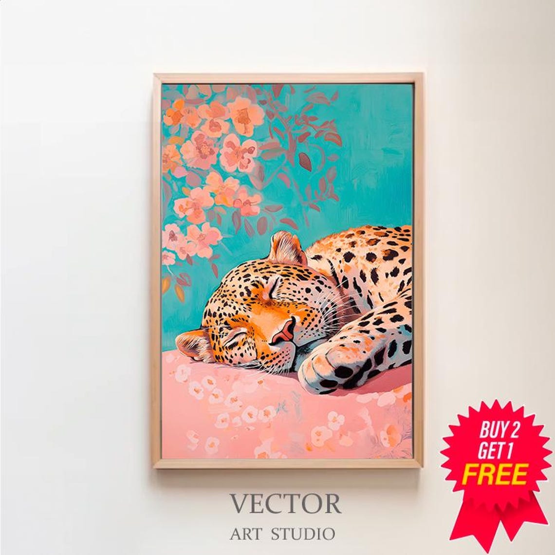 Sleeping Leopard with Peach Blossoms on Teal Maximalist Poster