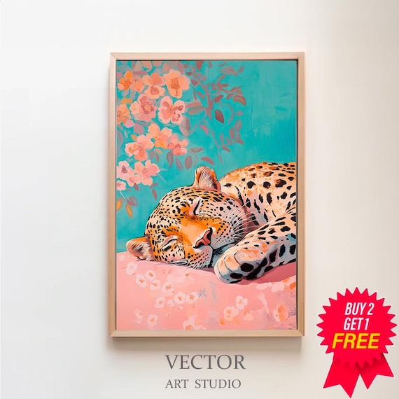 Sleeping Leopard with Peach Blossoms on Teal Maximalist Poster