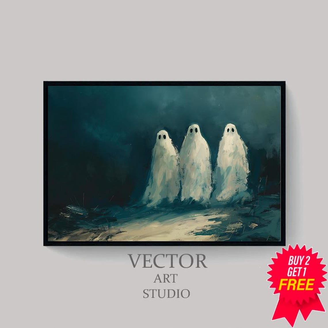 Three Cute Ghosts on a Dark Teal Night Spooky Halloween Art Poster - Image 4