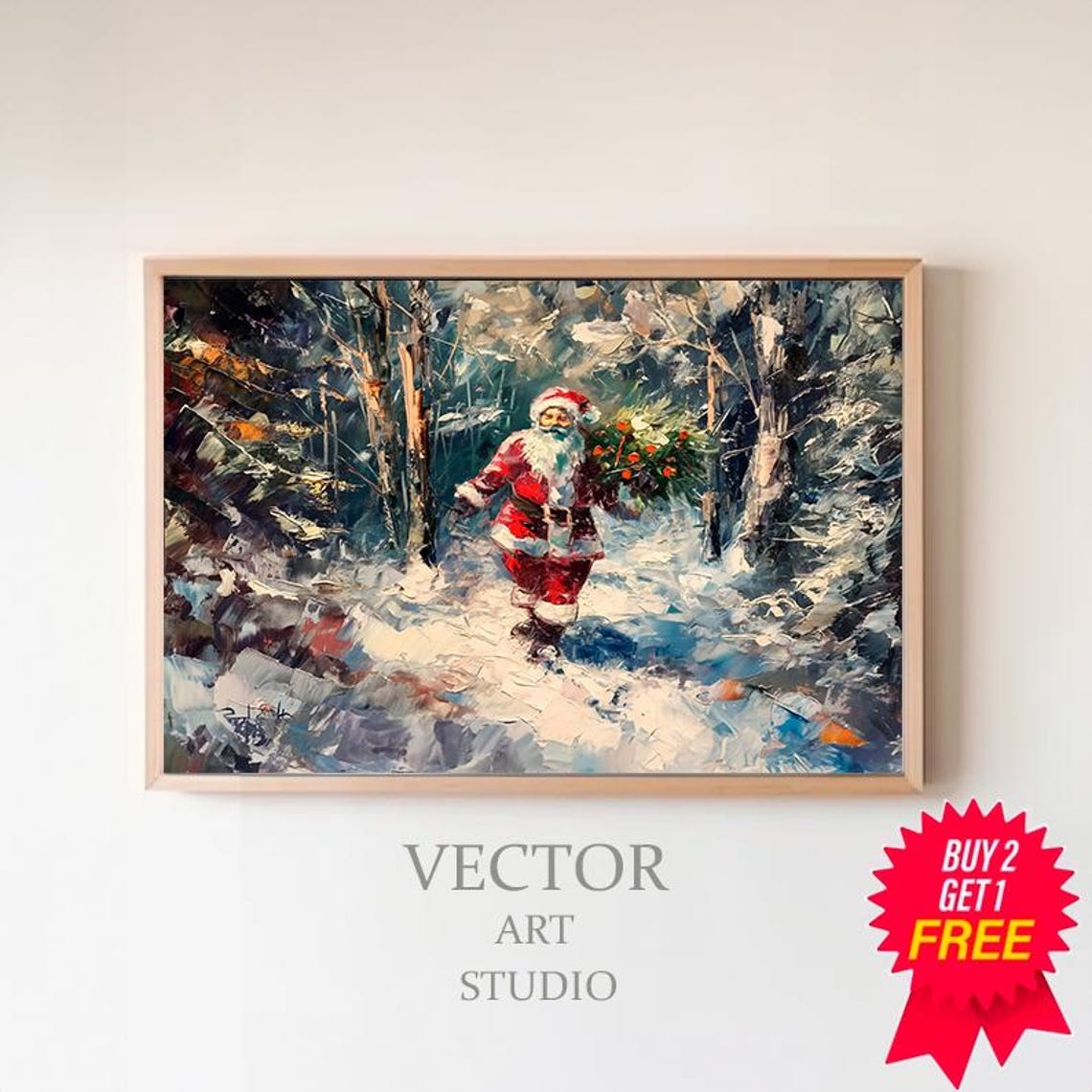 Santa Claus With Christmas Tree Walking In Snowy Forest Art Poster