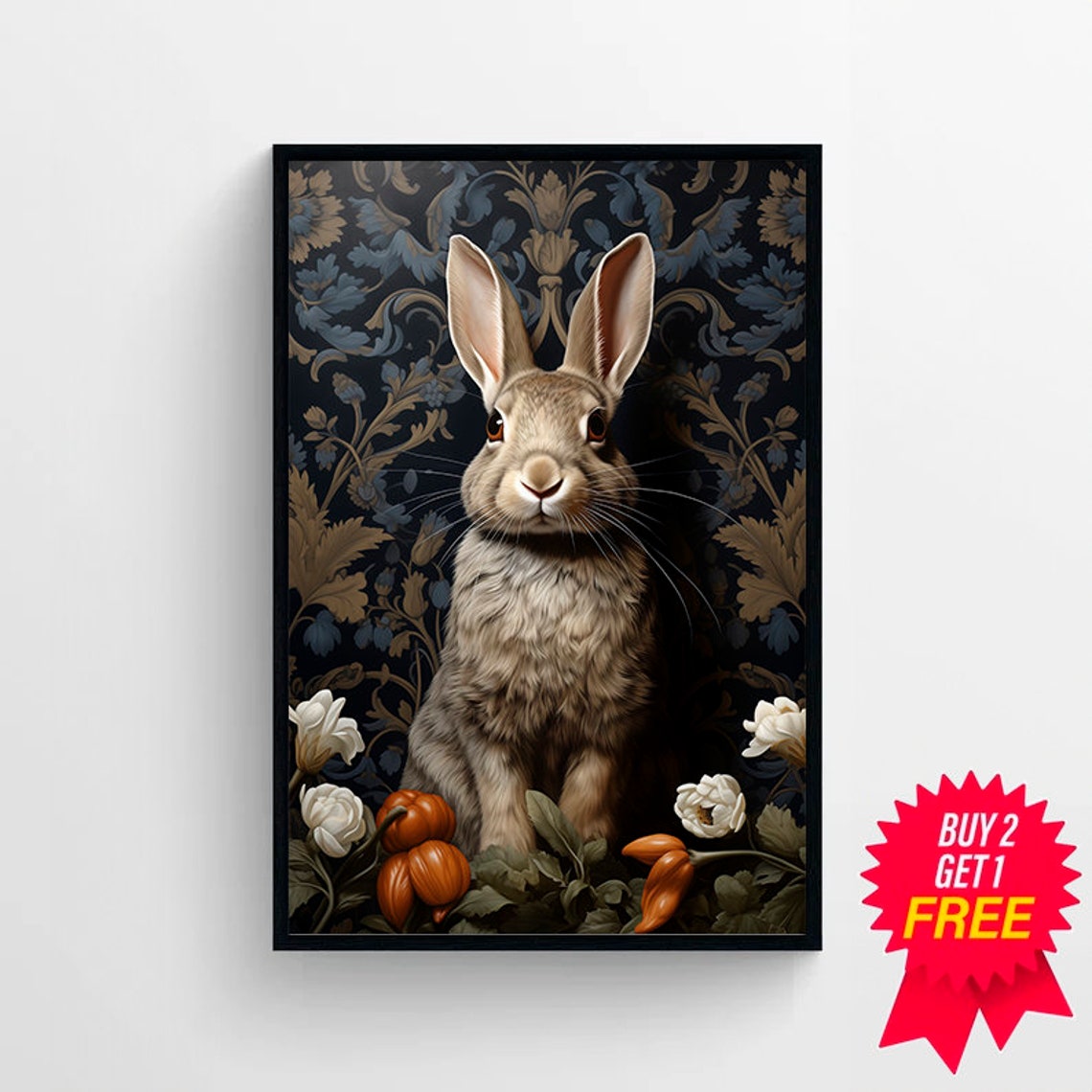 White Rabbit Botanical Night Garden Gold Damask Pattern Art Poster - Image 4