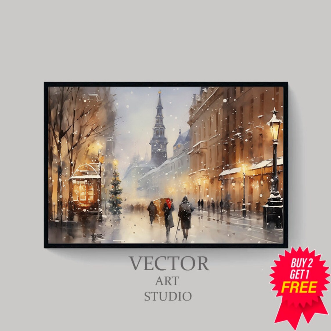 Snowy Winter Street with Church Spire Vintage Christmas Poster - Image 4