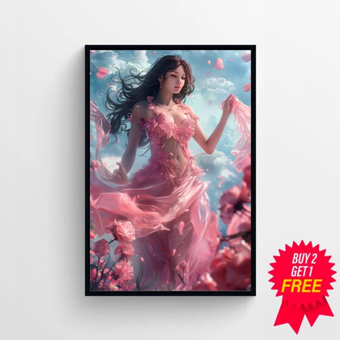Goddess Aphrodite in a Pink Gown among Flowers and Clouds Poster - Image 4