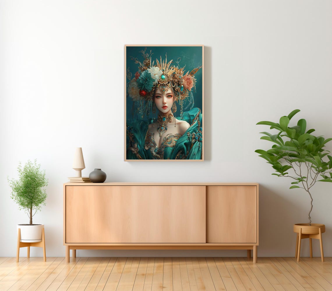 Green Tara Goddess With Gold Floral Headdress Teal Robes Art Poster - Image 2