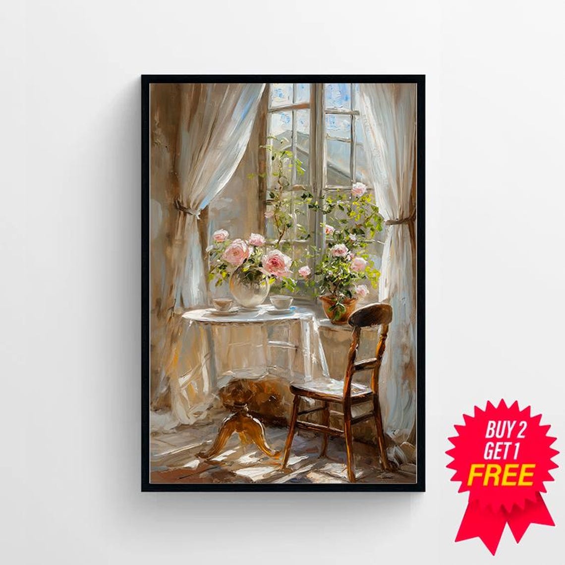 Sunlit Window with Roses a Table and a Chair Interior Poster - Image 4