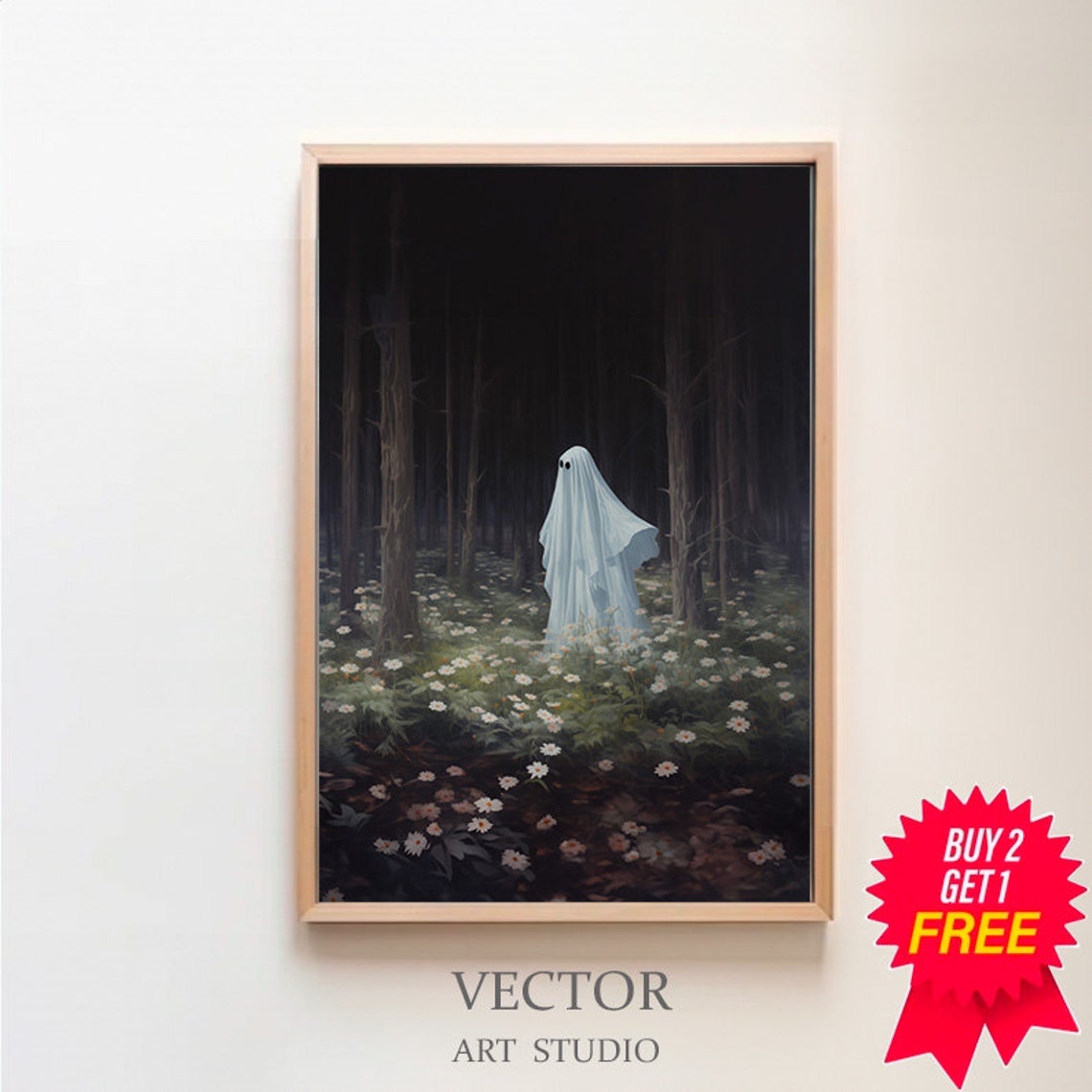 Ghost Walking Among White Daisies in a Dark Moonlit Forest Poster