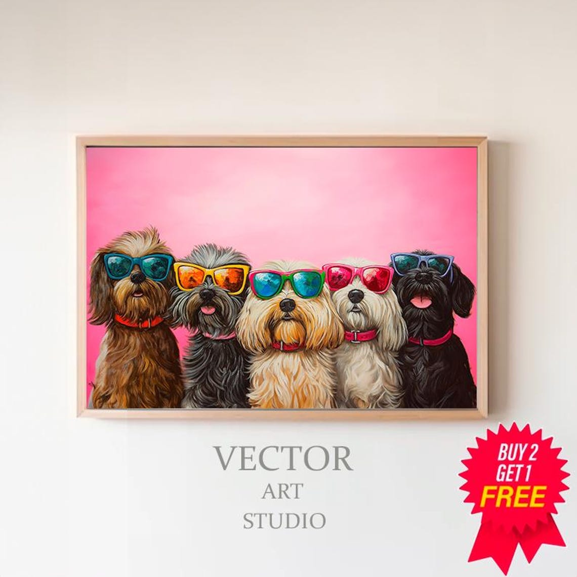 Dopamine Summer Frame Tv Art Cute Dogs In Sunglasses Maximalist Oil Painting Bright Pastel Preppy Pink Tv Funny Pet Colorful Picture