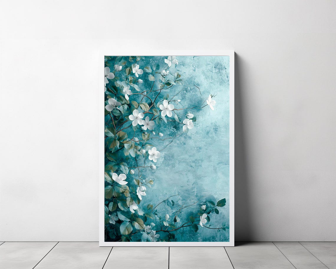 White Spring Blossoms on Teal Textured Background Botanical Poster - Image 3