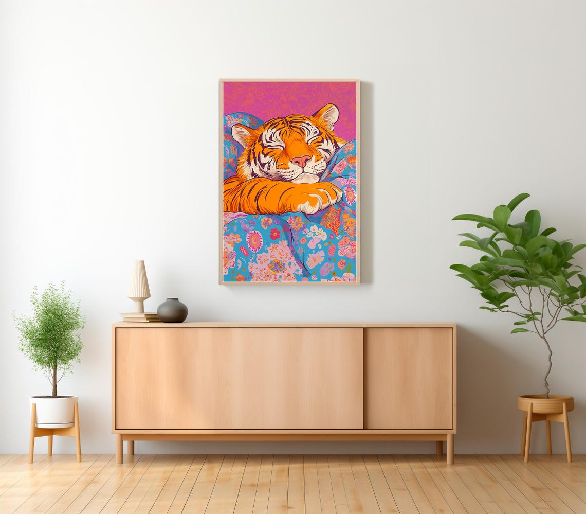 Sleeping Tiger Wrapped in a Colorful Patterned Blanket Pop Art Poster - Image 2
