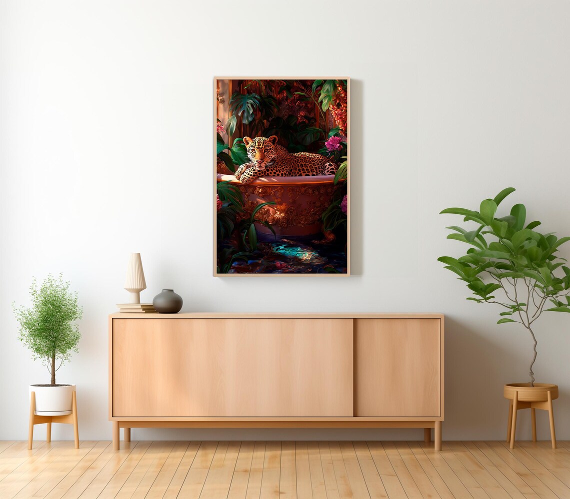 Leopard Resting in an Ornate Bathtub in a Lush Tropical Jungle Poster - Image 2