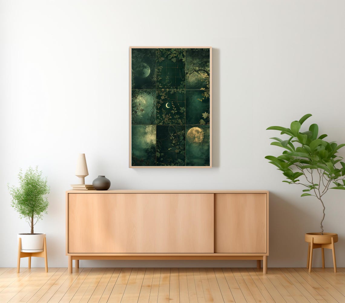 Moody Moon Phases Nine Panel Dark Green Botanical Night Poster - Image 2