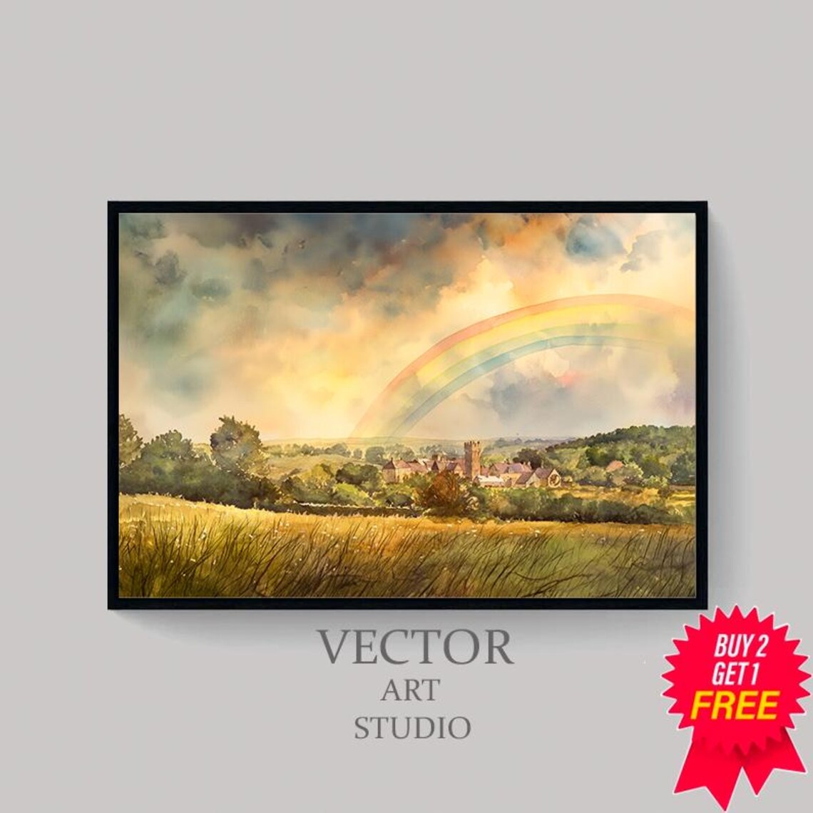 Rainbow Over Golden Countryside Village Watercolor Landscape Poster - Image 4