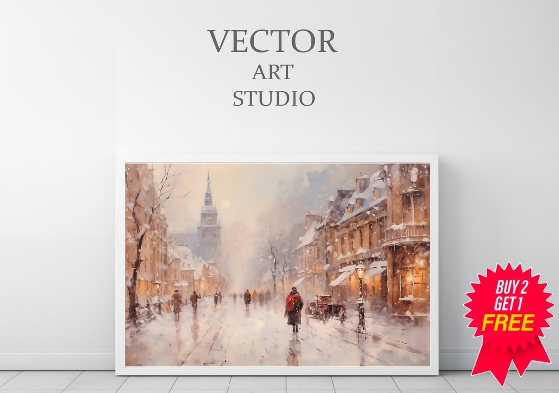 Snowy European Street Scene With Clock Tower at Night Poster - Image 3