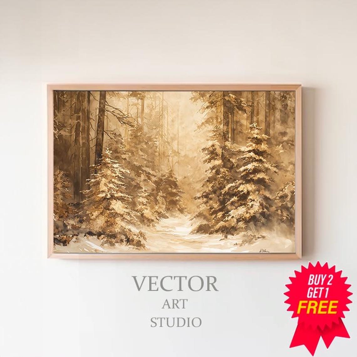 Vintage Winter Sketch Flocked Snowy Trees Vintage Art