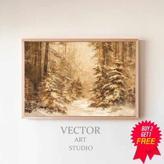 Vintage Winter Sketch Flocked Snowy Trees Vintage Art