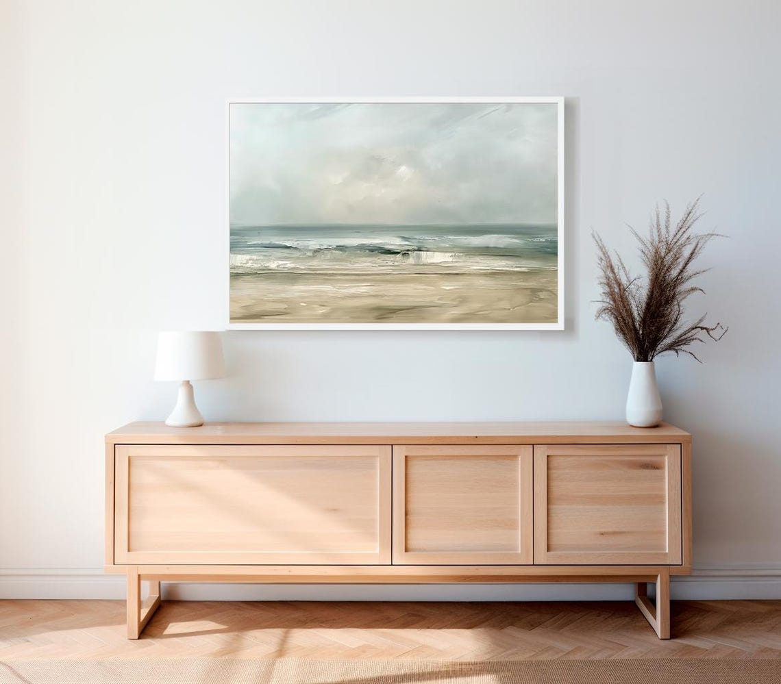 Serene Misty Ocean Shoreline Beach Waves Neutral Coastal Wall Art - Image 2