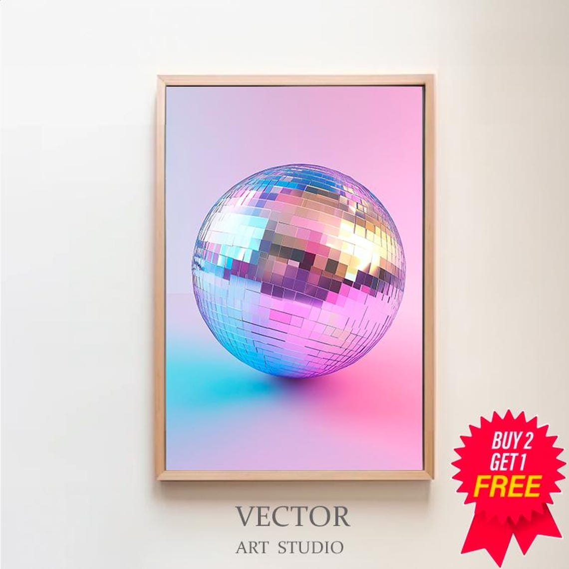 Iridescent Disco Ball on Pink and Blue Pastel Gradient Poster