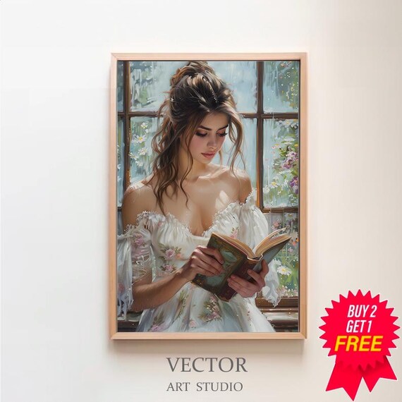 Romantic Woman in a White Dress Reading by a Sunlit Window Poster