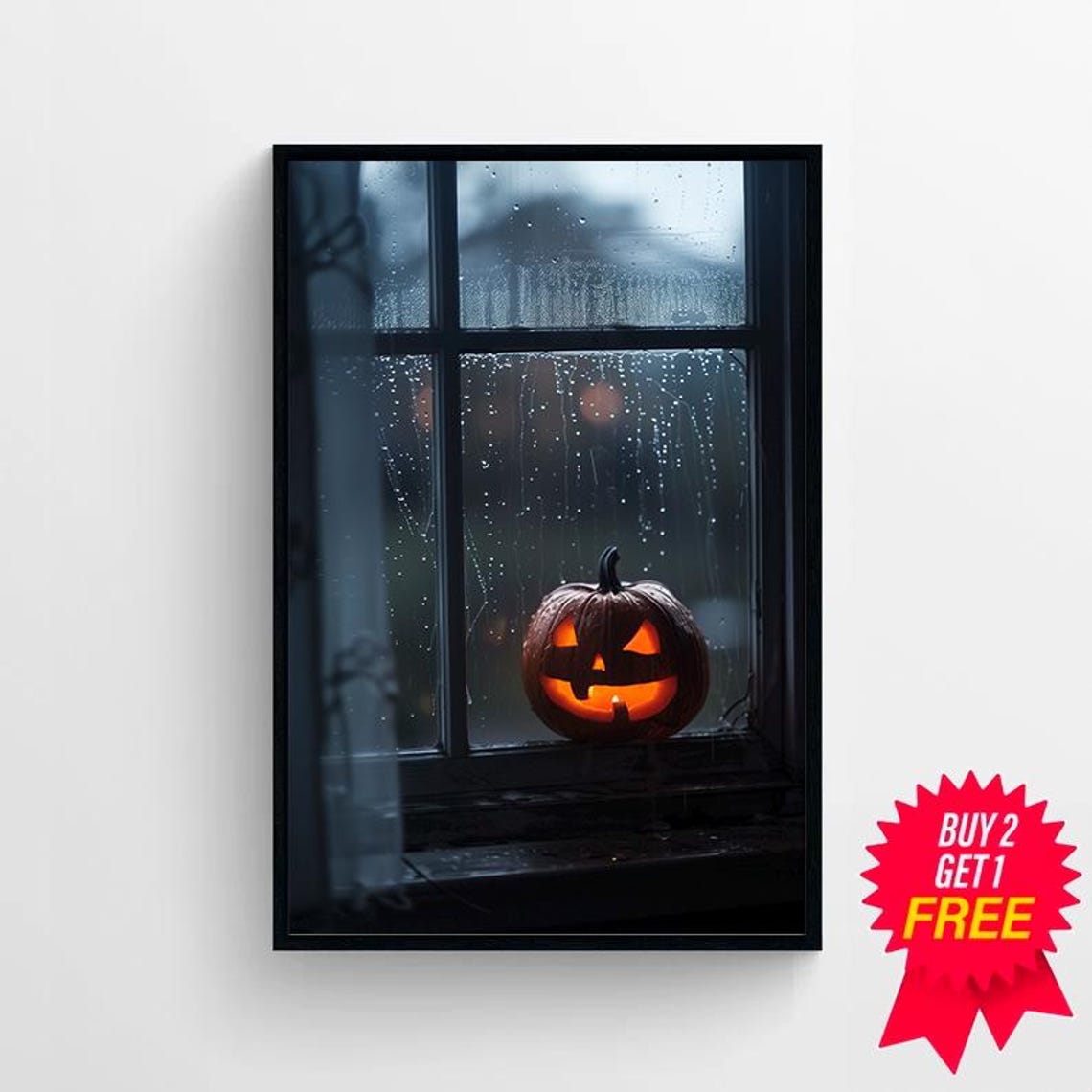 Glowing Jack O Lantern on Rainy Window Night Spooky Halloween Poster - Image 4