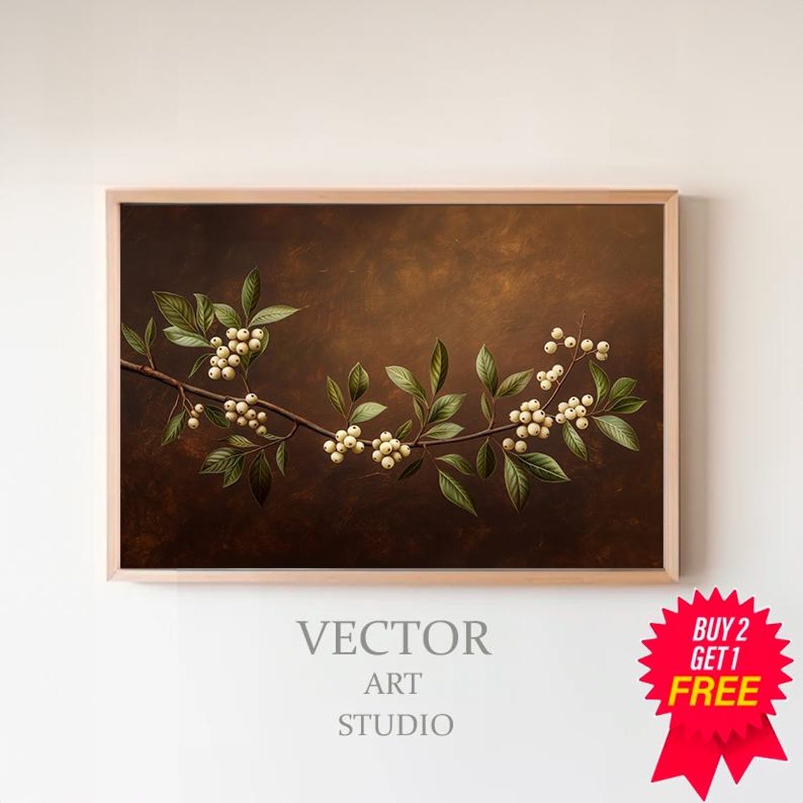 White Berries on Dark Branch Vintage Botanical Still Life Wall Art