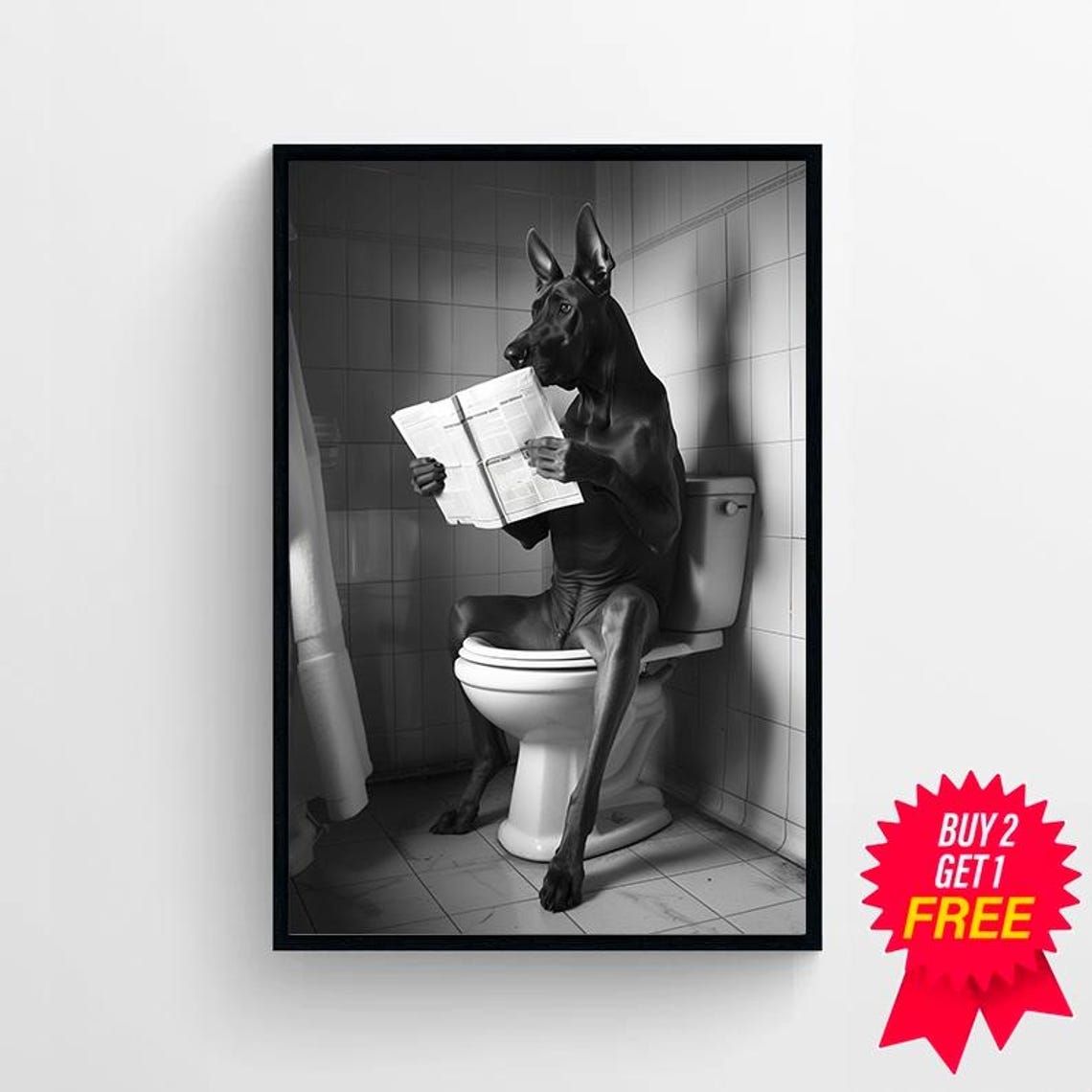 Doberman Reading on Toilet Looking at Camera Funny Dog Photo Poster - Image 4