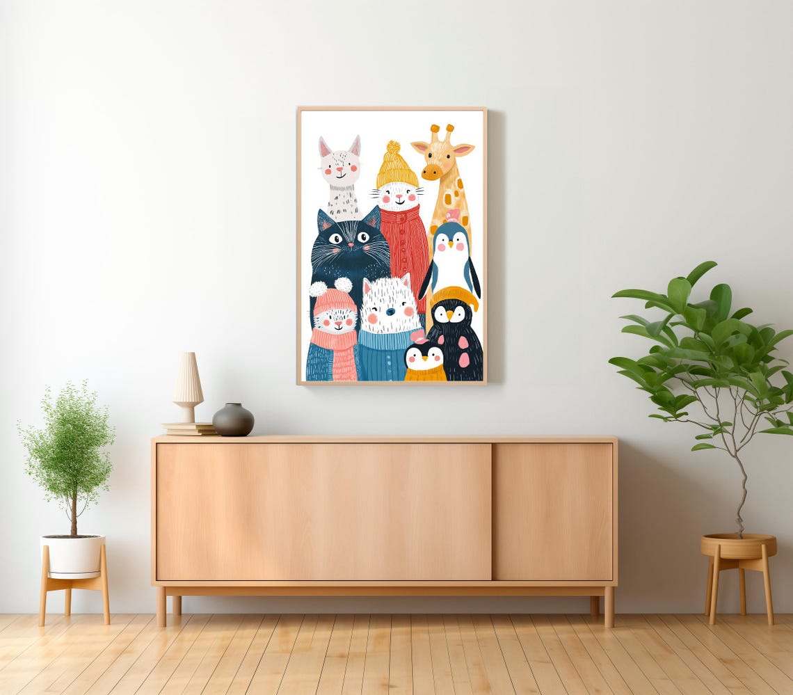 Cute Cartoon Animals Bundled in Winter Sweaters Kids Room Wall Art - Image 2