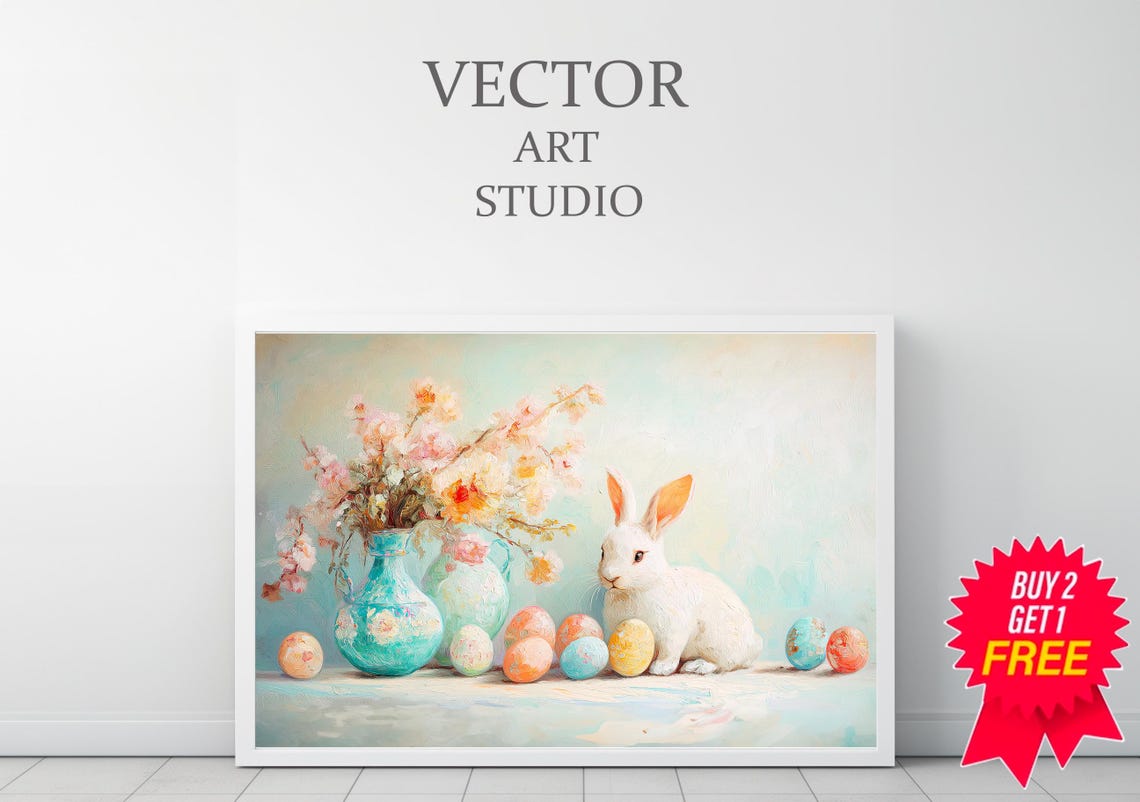 Easter Bunny with Painted Eggs Vintage Spring Floral Art Print - Image 3