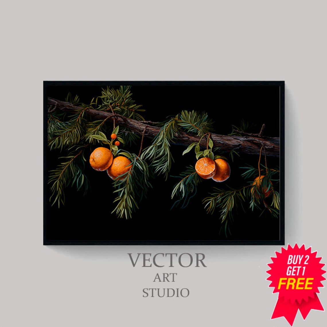 Oranges Hanging from Pine Branch on Black Christmas Citrus Art Poster - Image 4