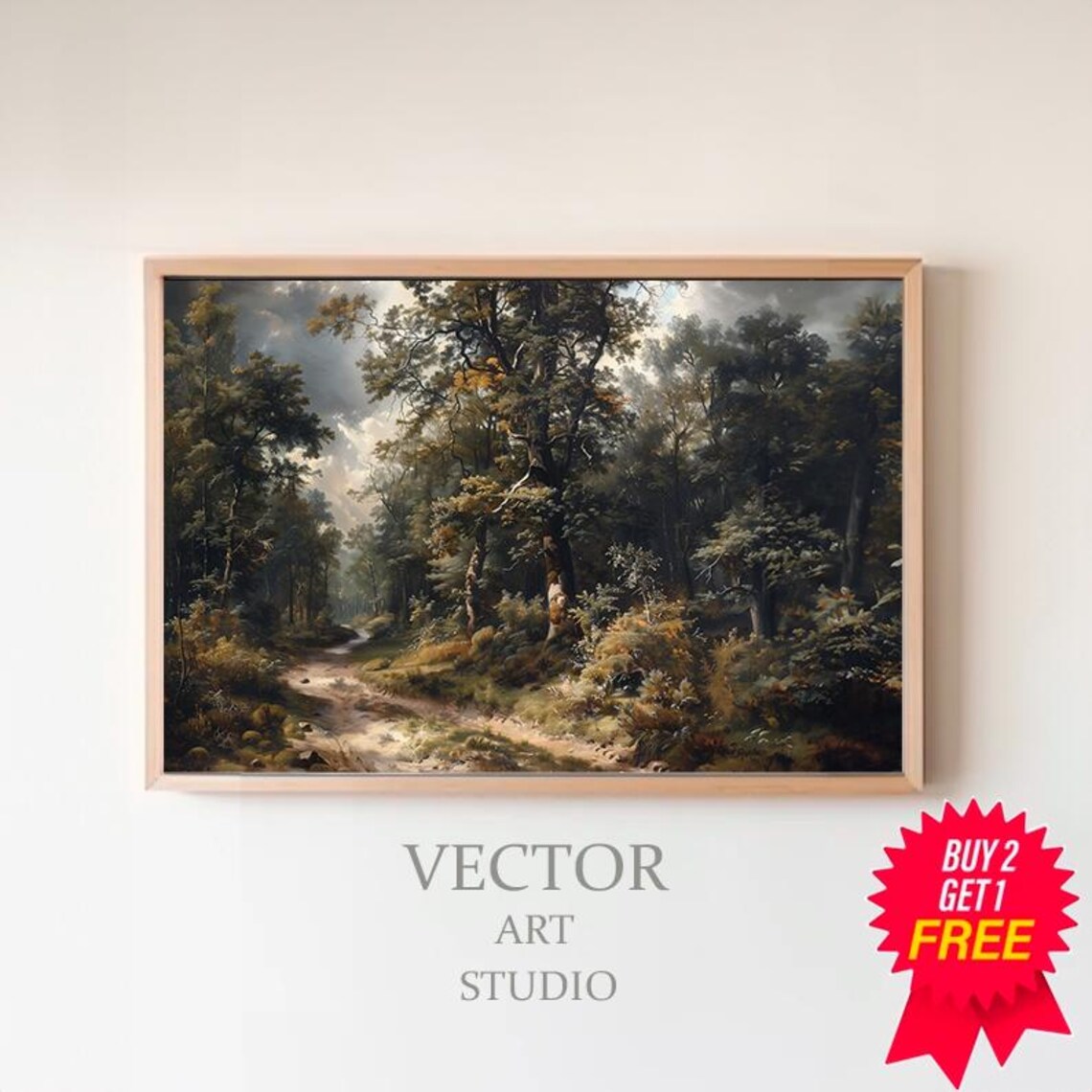 Vintage Oil Painting of a Dark Forest Path at Dusk Landscape Poster
