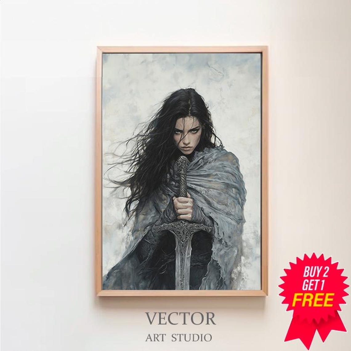 Hecate Dark Sorceress Leaning on Sword Gray Cloak Portrait Poster