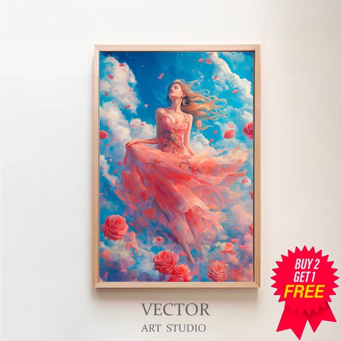 Divine Feminine Aphrodite Floating among Roses in the Sky Poster