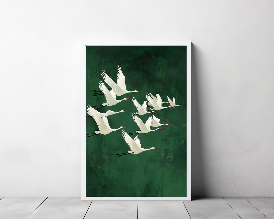 White Cranes in Flight on Emerald Green Japanese Style Art Print - Image 3